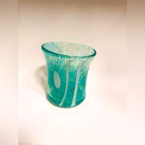 Art Glass Teal Green and White Vase